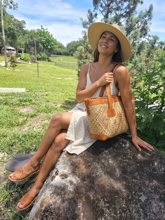 TLC Handbags - TLC Natural Woven Tote with Tan Leather Trim